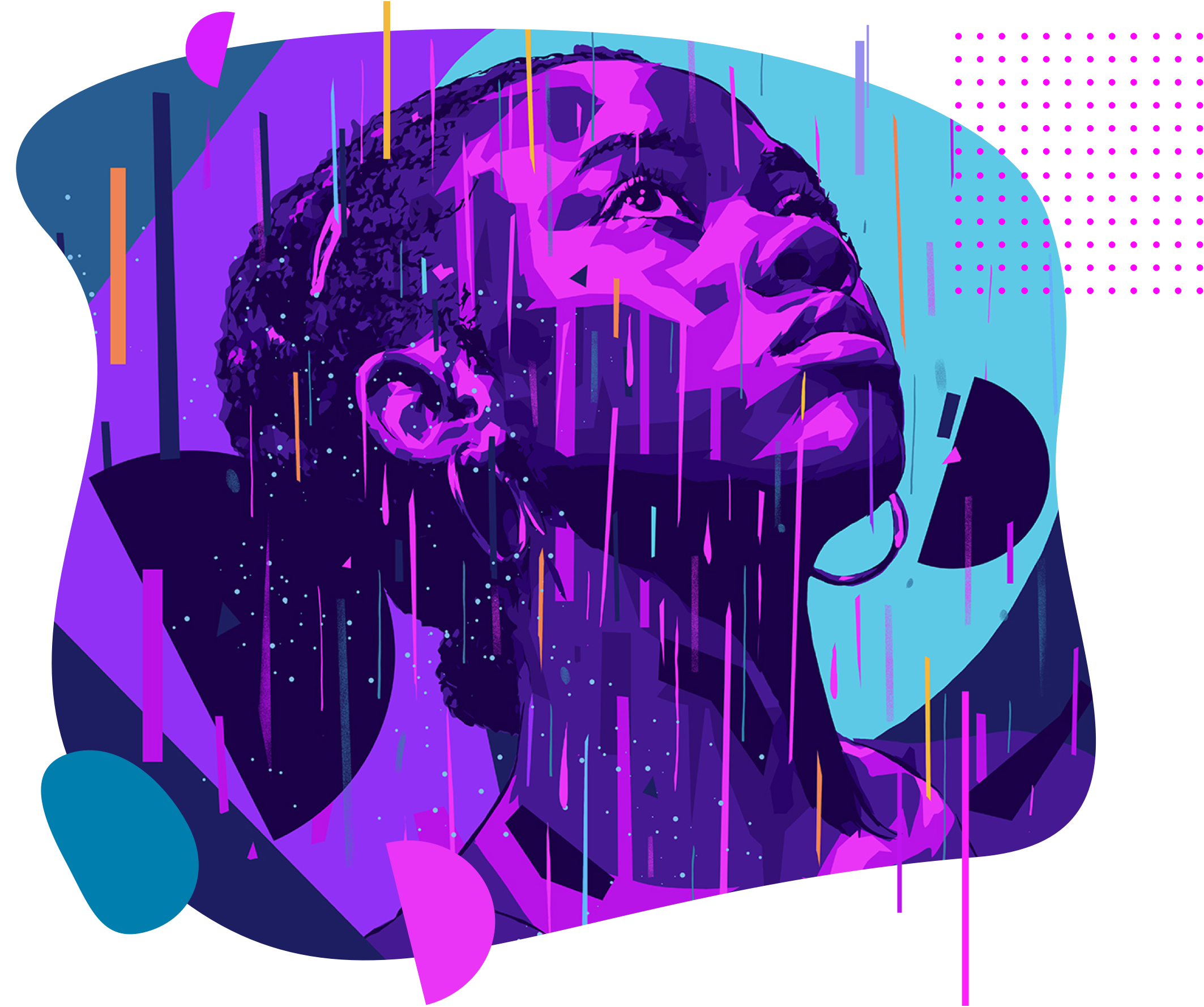 artist drawing of woman gazing upwards in the rain